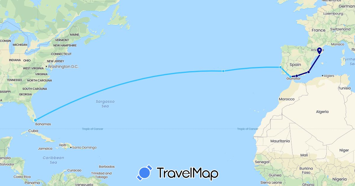 TravelMap itinerary: driving, boat in Spain, Portugal, United States (Europe, North America)
